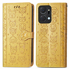 Leather Case Stands Fashionable Pattern Flip Cover Holder S03D for Huawei Honor X7a Yellow