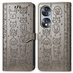 Leather Case Stands Fashionable Pattern Flip Cover Holder S03D for Huawei Honor X7b Gray
