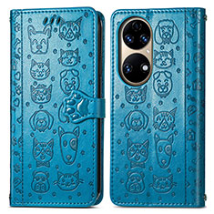 Leather Case Stands Fashionable Pattern Flip Cover Holder S03D for Huawei P50 Pro Blue