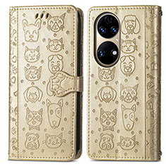Leather Case Stands Fashionable Pattern Flip Cover Holder S03D for Huawei P50 Pro Gold