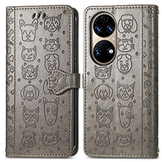 Leather Case Stands Fashionable Pattern Flip Cover Holder S03D for Huawei P50 Pro Gray