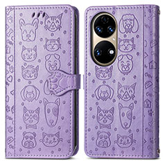Leather Case Stands Fashionable Pattern Flip Cover Holder S03D for Huawei P50 Pro Purple