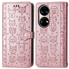 Leather Case Stands Fashionable Pattern Flip Cover Holder S03D for Huawei P50 Pro Rose Gold