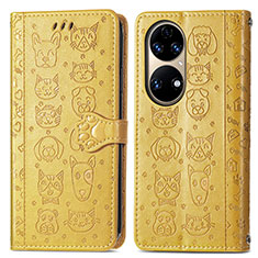 Leather Case Stands Fashionable Pattern Flip Cover Holder S03D for Huawei P50 Pro Yellow