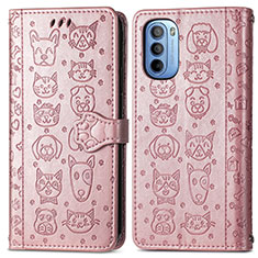Leather Case Stands Fashionable Pattern Flip Cover Holder S03D for Motorola Moto G31 Rose Gold