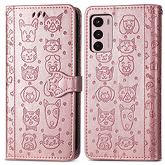 Leather Case Stands Fashionable Pattern Flip Cover Holder S03D for Motorola Moto G42 Rose Gold