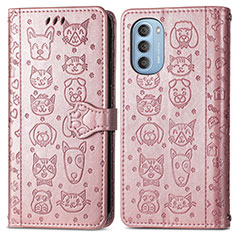 Leather Case Stands Fashionable Pattern Flip Cover Holder S03D for Motorola Moto G51 5G Rose Gold