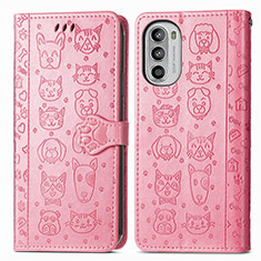 Leather Case Stands Fashionable Pattern Flip Cover Holder S03D for Motorola Moto G52j 5G Pink