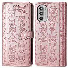 Leather Case Stands Fashionable Pattern Flip Cover Holder S03D for Motorola Moto G52j 5G Rose Gold