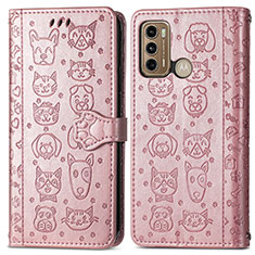 Leather Case Stands Fashionable Pattern Flip Cover Holder S03D for Motorola Moto G60 Rose Gold