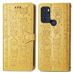 Leather Case Stands Fashionable Pattern Flip Cover Holder S03D for Motorola Moto G60s Yellow