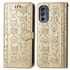 Leather Case Stands Fashionable Pattern Flip Cover Holder S03D for Motorola Moto G62 5G Gold