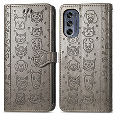 Leather Case Stands Fashionable Pattern Flip Cover Holder S03D for Motorola Moto G62 5G Gray