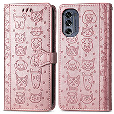 Leather Case Stands Fashionable Pattern Flip Cover Holder S03D for Motorola Moto G62 5G Rose Gold