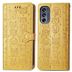 Leather Case Stands Fashionable Pattern Flip Cover Holder S03D for Motorola Moto G62 5G Yellow