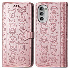 Leather Case Stands Fashionable Pattern Flip Cover Holder S03D for Motorola Moto G71s 5G Rose Gold
