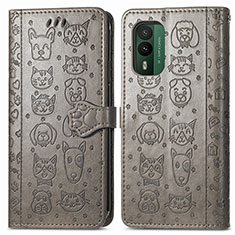 Leather Case Stands Fashionable Pattern Flip Cover Holder S03D for Nokia XR21 Gray