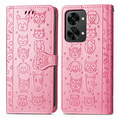 Leather Case Stands Fashionable Pattern Flip Cover Holder S03D for OnePlus Nord 2T 5G Pink