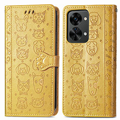 Leather Case Stands Fashionable Pattern Flip Cover Holder S03D for OnePlus Nord 2T 5G Yellow