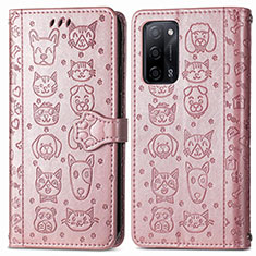 Leather Case Stands Fashionable Pattern Flip Cover Holder S03D for Oppo A53s 5G Rose Gold