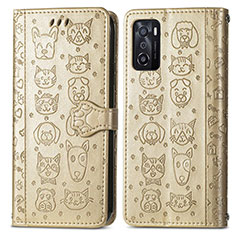 Leather Case Stands Fashionable Pattern Flip Cover Holder S03D for Oppo A55S 5G Gold