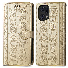 Leather Case Stands Fashionable Pattern Flip Cover Holder S03D for Oppo Find X5 Pro 5G Gold