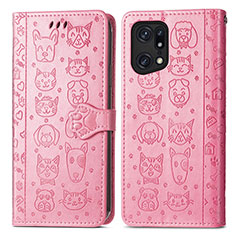 Leather Case Stands Fashionable Pattern Flip Cover Holder S03D for Oppo Find X5 Pro 5G Pink
