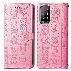 Leather Case Stands Fashionable Pattern Flip Cover Holder S03D for Oppo Reno5 Z 5G Pink