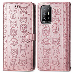Leather Case Stands Fashionable Pattern Flip Cover Holder S03D for Oppo Reno5 Z 5G Rose Gold