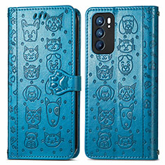 Leather Case Stands Fashionable Pattern Flip Cover Holder S03D for Oppo Reno6 5G Blue