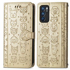 Leather Case Stands Fashionable Pattern Flip Cover Holder S03D for Oppo Reno6 5G Gold