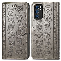Leather Case Stands Fashionable Pattern Flip Cover Holder S03D for Oppo Reno6 5G Gray