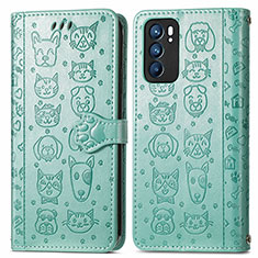Leather Case Stands Fashionable Pattern Flip Cover Holder S03D for Oppo Reno6 5G Green