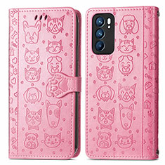 Leather Case Stands Fashionable Pattern Flip Cover Holder S03D for Oppo Reno6 5G Pink