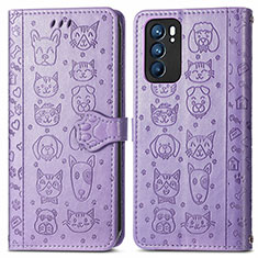 Leather Case Stands Fashionable Pattern Flip Cover Holder S03D for Oppo Reno6 5G Purple
