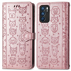 Leather Case Stands Fashionable Pattern Flip Cover Holder S03D for Oppo Reno6 5G Rose Gold