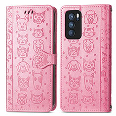 Leather Case Stands Fashionable Pattern Flip Cover Holder S03D for Oppo Reno6 Pro 5G India Pink