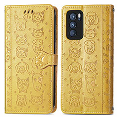 Leather Case Stands Fashionable Pattern Flip Cover Holder S03D for Oppo Reno6 Pro 5G India Yellow