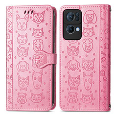 Leather Case Stands Fashionable Pattern Flip Cover Holder S03D for Oppo Reno7 Pro 5G Pink