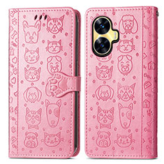 Leather Case Stands Fashionable Pattern Flip Cover Holder S03D for Realme Narzo N55 Pink