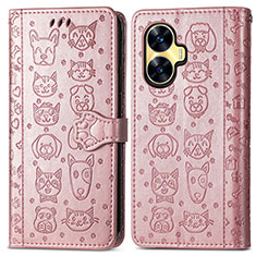 Leather Case Stands Fashionable Pattern Flip Cover Holder S03D for Realme Narzo N55 Rose Gold