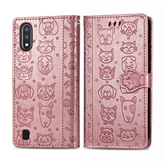 Leather Case Stands Fashionable Pattern Flip Cover Holder S03D for Samsung Galaxy A01 SM-A015 Pink