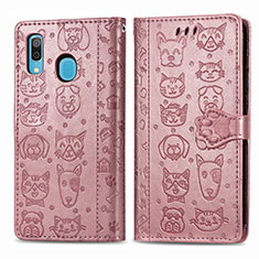 Leather Case Stands Fashionable Pattern Flip Cover Holder S03D for Samsung Galaxy A20 Pink