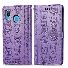 Leather Case Stands Fashionable Pattern Flip Cover Holder S03D for Samsung Galaxy A20 Purple