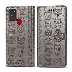 Leather Case Stands Fashionable Pattern Flip Cover Holder S03D for Samsung Galaxy A21s Gray