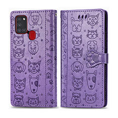 Leather Case Stands Fashionable Pattern Flip Cover Holder S03D for Samsung Galaxy A21s Purple