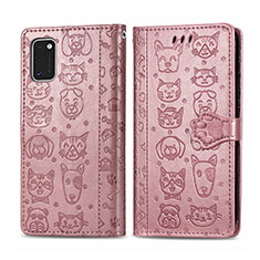Leather Case Stands Fashionable Pattern Flip Cover Holder S03D for Samsung Galaxy A41 Pink
