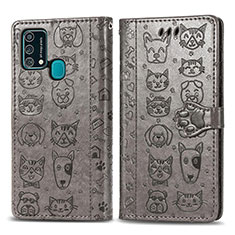Leather Case Stands Fashionable Pattern Flip Cover Holder S03D for Samsung Galaxy F41 Gray