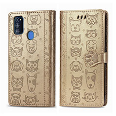 Leather Case Stands Fashionable Pattern Flip Cover Holder S03D for Samsung Galaxy M21 Gold