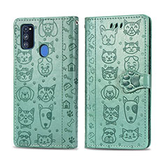 Leather Case Stands Fashionable Pattern Flip Cover Holder S03D for Samsung Galaxy M21 Green